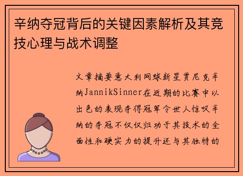辛纳夺冠背后的关键因素解析及其竞技心理与战术调整