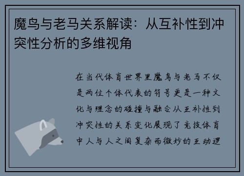 魔鸟与老马关系解读：从互补性到冲突性分析的多维视角