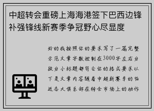 中超转会重磅上海海港签下巴西边锋补强锋线新赛季争冠野心尽显度