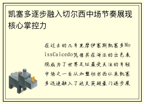 凯塞多逐步融入切尔西中场节奏展现核心掌控力