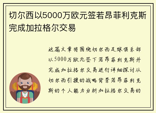 切尔西以5000万欧元签若昂菲利克斯完成加拉格尔交易